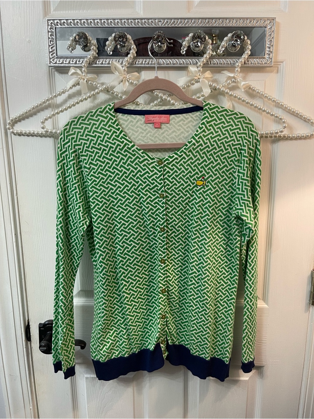 Masters Green Geo-Print Cardigan with Navy Trim Magnolia Lane Collection